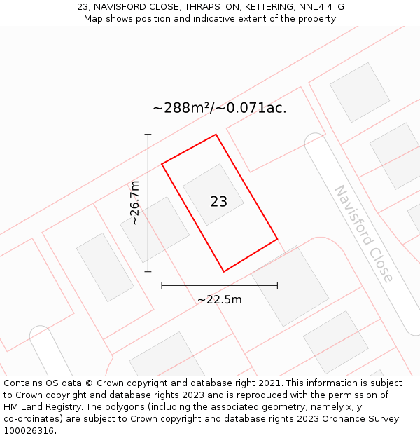 23, NAVISFORD CLOSE, THRAPSTON, KETTERING, NN14 4TG: Plot and title map