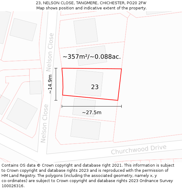 23, NELSON CLOSE, TANGMERE, CHICHESTER, PO20 2FW: Plot and title map