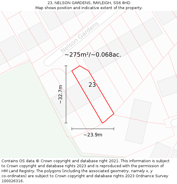 23, NELSON GARDENS, RAYLEIGH, SS6 8HD: Plot and title map