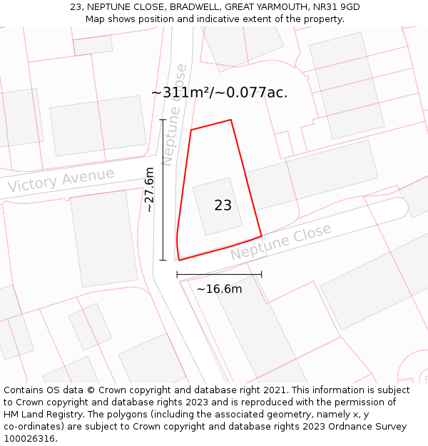 23, NEPTUNE CLOSE, BRADWELL, GREAT YARMOUTH, NR31 9GD: Plot and title map