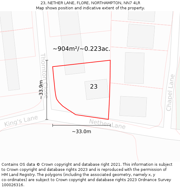 23, NETHER LANE, FLORE, NORTHAMPTON, NN7 4LR: Plot and title map