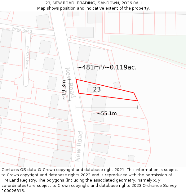 23, NEW ROAD, BRADING, SANDOWN, PO36 0AH: Plot and title map