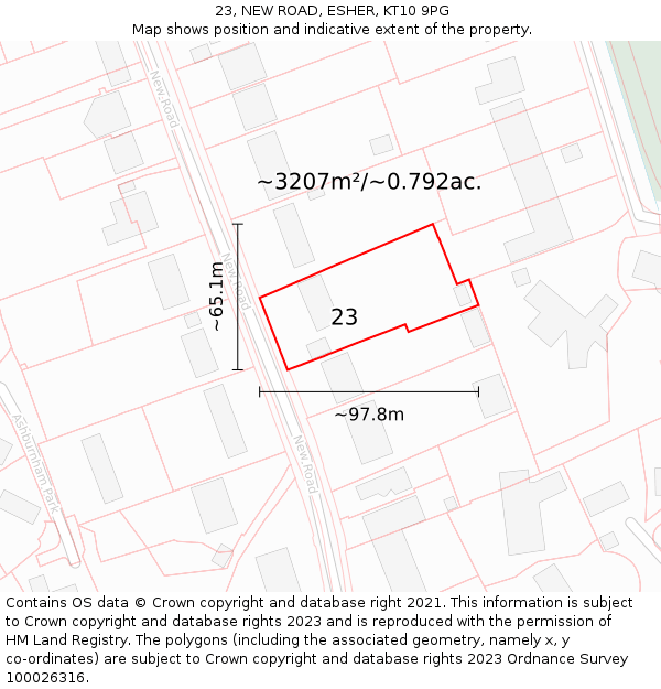 23, NEW ROAD, ESHER, KT10 9PG: Plot and title map