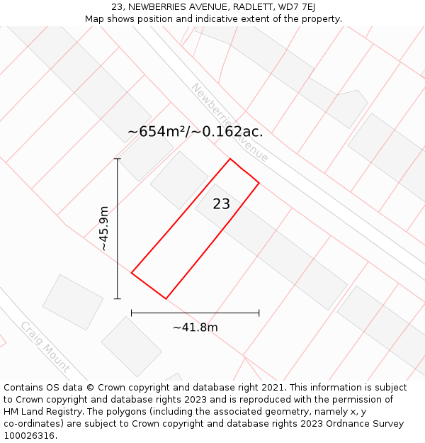 23, NEWBERRIES AVENUE, RADLETT, WD7 7EJ: Plot and title map