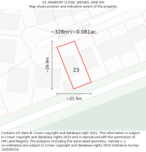 23, NEWBURY CLOSE, WIDNES, WA8 9YX: Plot and title map