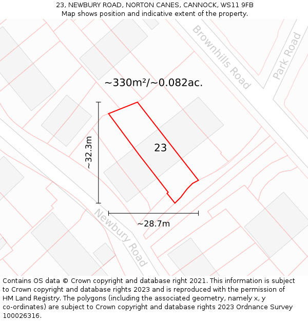 23, NEWBURY ROAD, NORTON CANES, CANNOCK, WS11 9FB: Plot and title map