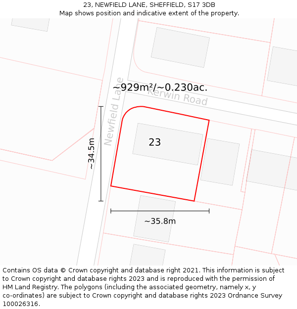 23, NEWFIELD LANE, SHEFFIELD, S17 3DB: Plot and title map