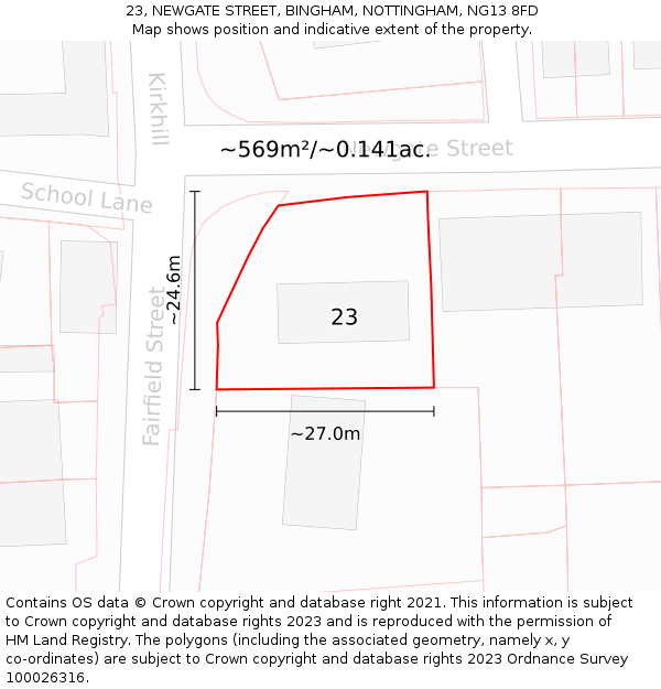 23, NEWGATE STREET, BINGHAM, NOTTINGHAM, NG13 8FD: Plot and title map