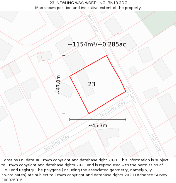 23, NEWLING WAY, WORTHING, BN13 3DG: Plot and title map