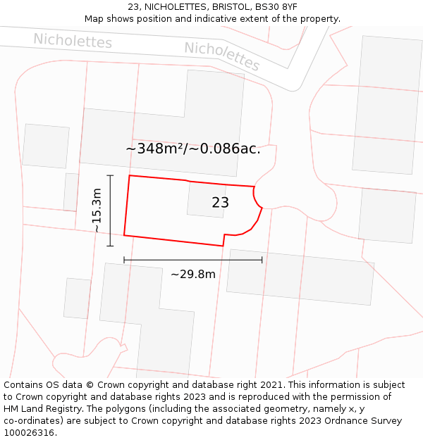 23, NICHOLETTES, BRISTOL, BS30 8YF: Plot and title map