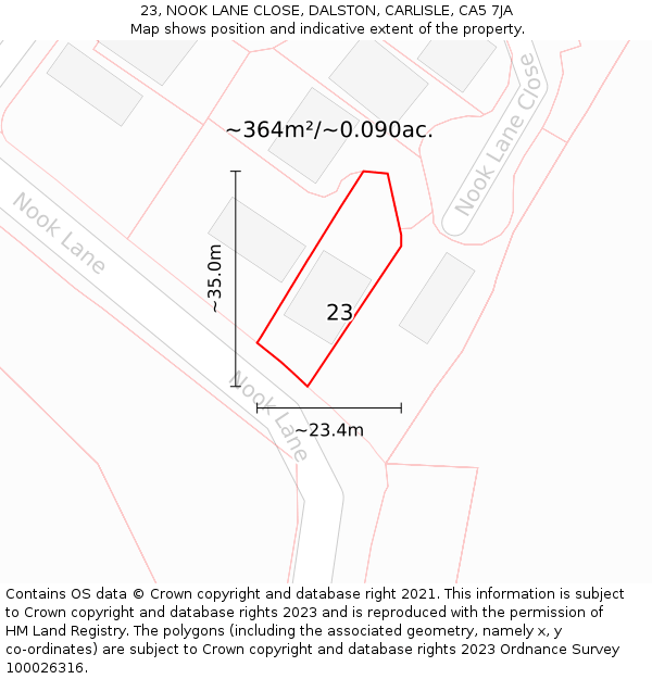 23, NOOK LANE CLOSE, DALSTON, CARLISLE, CA5 7JA: Plot and title map