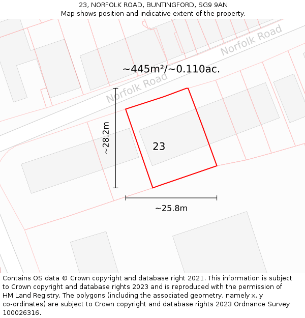 23, NORFOLK ROAD, BUNTINGFORD, SG9 9AN: Plot and title map