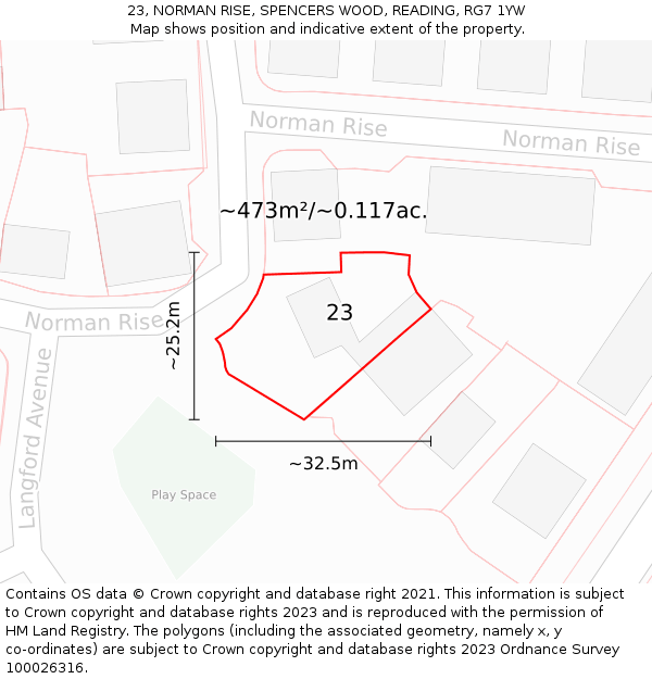 23, NORMAN RISE, SPENCERS WOOD, READING, RG7 1YW: Plot and title map