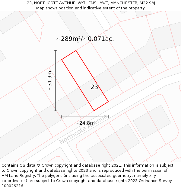 23, NORTHCOTE AVENUE, WYTHENSHAWE, MANCHESTER, M22 9AJ: Plot and title map