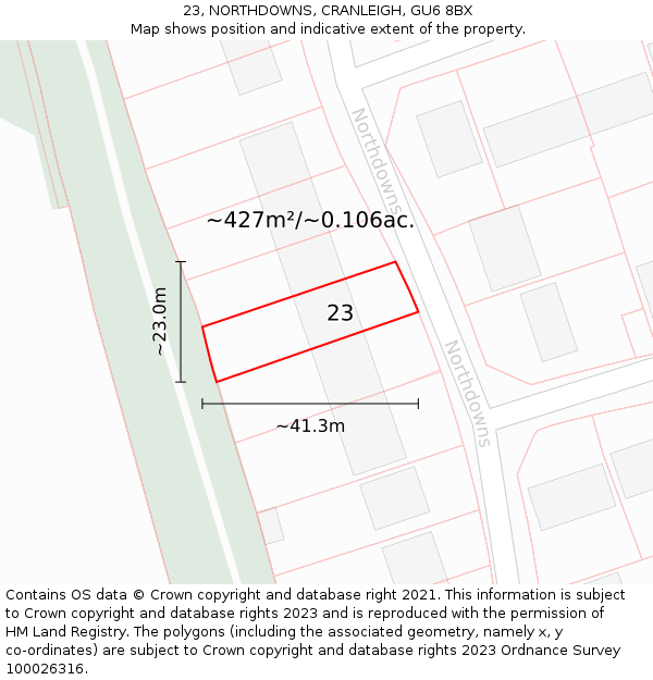 23, NORTHDOWNS, CRANLEIGH, GU6 8BX: Plot and title map