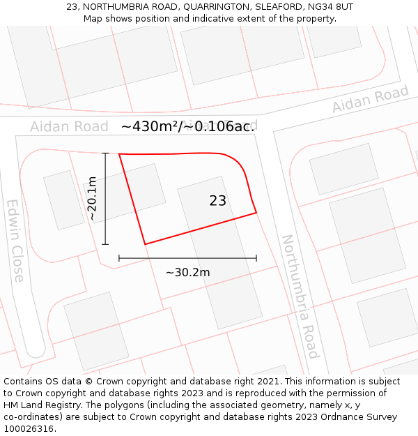 23, NORTHUMBRIA ROAD, QUARRINGTON, SLEAFORD, NG34 8UT: Plot and title map