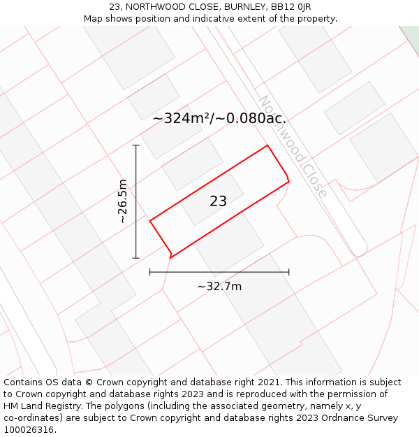 23, NORTHWOOD CLOSE, BURNLEY, BB12 0JR: Plot and title map
