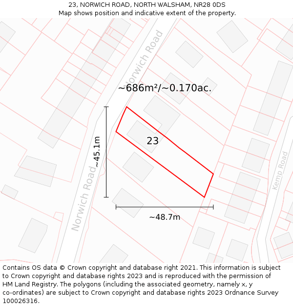 23, NORWICH ROAD, NORTH WALSHAM, NR28 0DS: Plot and title map