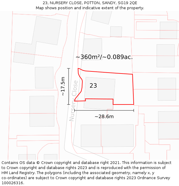 23, NURSERY CLOSE, POTTON, SANDY, SG19 2QE: Plot and title map