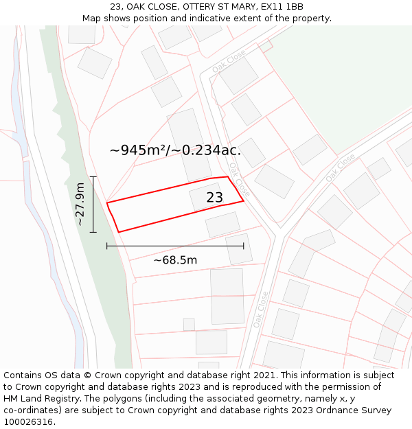 23, OAK CLOSE, OTTERY ST MARY, EX11 1BB: Plot and title map