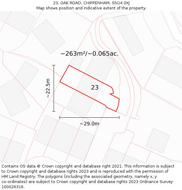 23, OAK ROAD, CHIPPENHAM, SN14 0XJ: Plot and title map