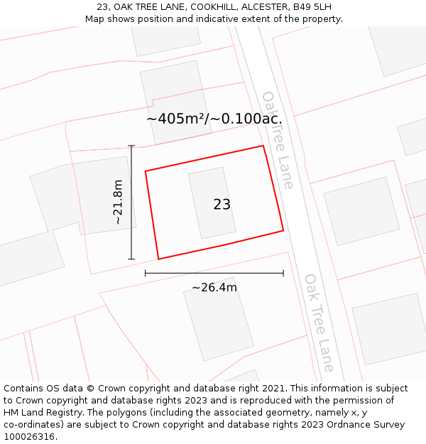 23, OAK TREE LANE, COOKHILL, ALCESTER, B49 5LH: Plot and title map