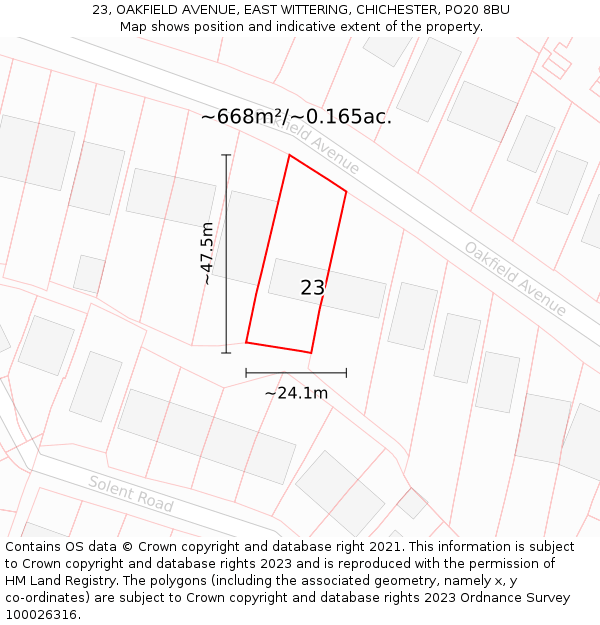 23, OAKFIELD AVENUE, EAST WITTERING, CHICHESTER, PO20 8BU: Plot and title map