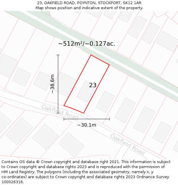 23, OAKFIELD ROAD, POYNTON, STOCKPORT, SK12 1AR: Plot and title map