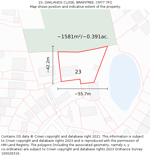23, OAKLANDS CLOSE, BRAINTREE, CM77 7PZ: Plot and title map