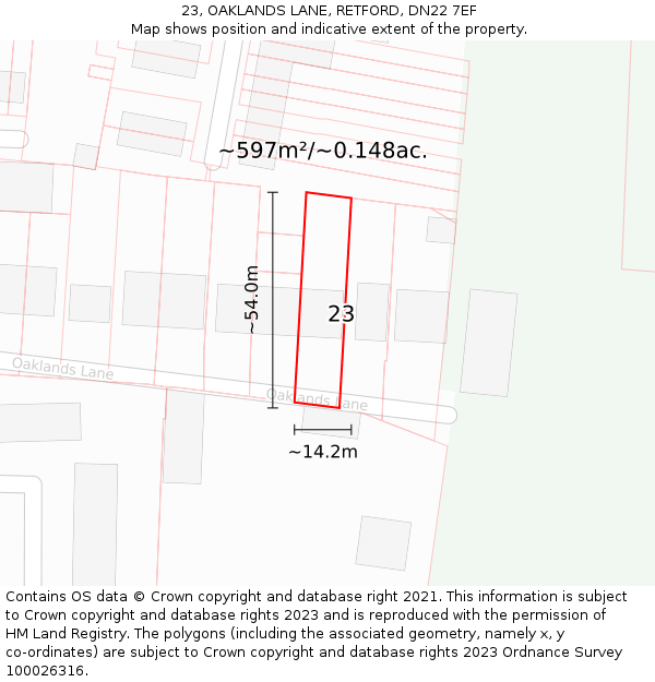 23, OAKLANDS LANE, RETFORD, DN22 7EF: Plot and title map