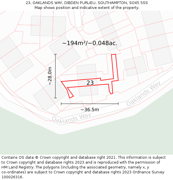 23, OAKLANDS WAY, DIBDEN PURLIEU, SOUTHAMPTON, SO45 5SS: Plot and title map