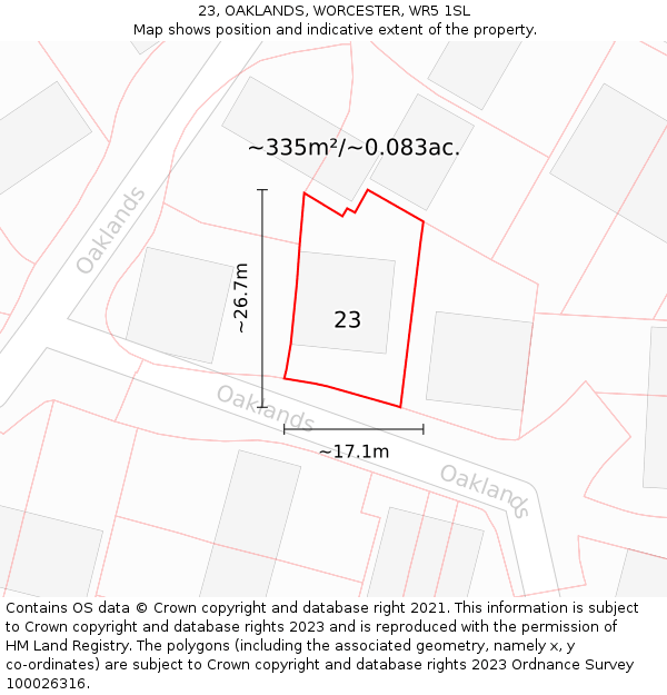 23, OAKLANDS, WORCESTER, WR5 1SL: Plot and title map