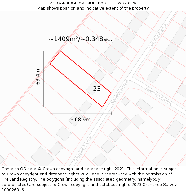 23, OAKRIDGE AVENUE, RADLETT, WD7 8EW: Plot and title map