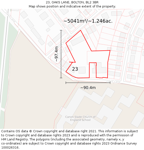 23, OAKS LANE, BOLTON, BL2 3BR: Plot and title map