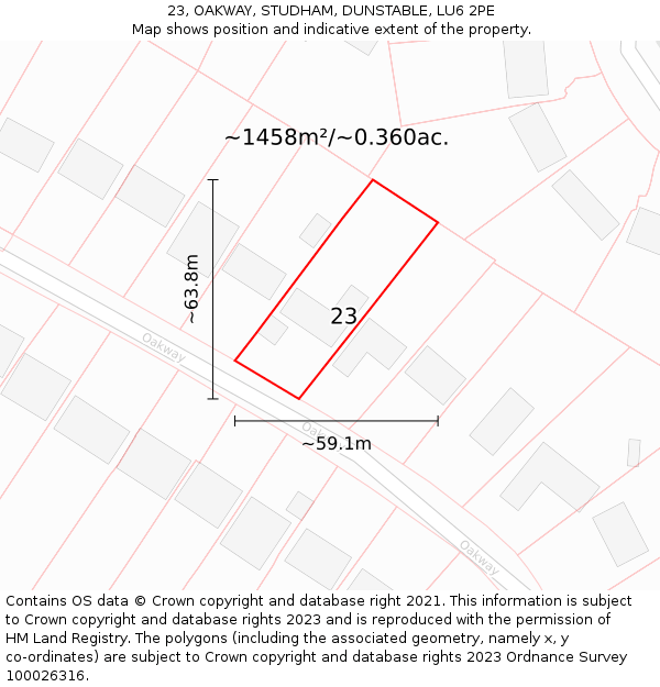 23, OAKWAY, STUDHAM, DUNSTABLE, LU6 2PE: Plot and title map