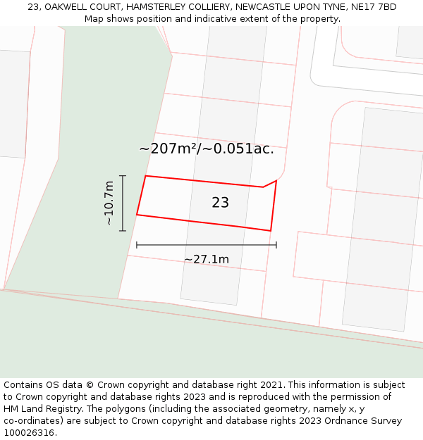 23, OAKWELL COURT, HAMSTERLEY COLLIERY, NEWCASTLE UPON TYNE, NE17 7BD: Plot and title map