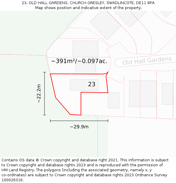 23, OLD HALL GARDENS, CHURCH GRESLEY, SWADLINCOTE, DE11 9PA: Plot and title map