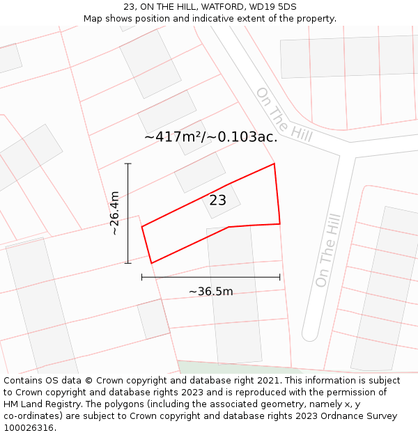 23, ON THE HILL, WATFORD, WD19 5DS: Plot and title map