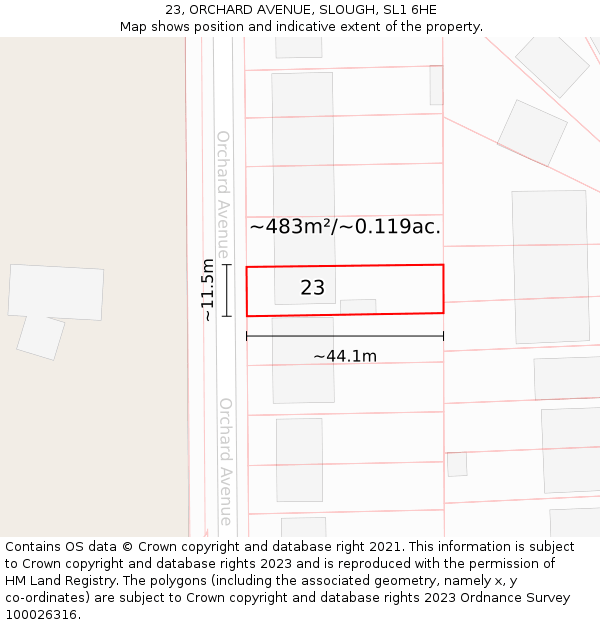 23, ORCHARD AVENUE, SLOUGH, SL1 6HE: Plot and title map