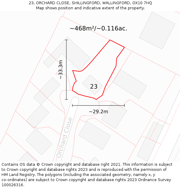 23, ORCHARD CLOSE, SHILLINGFORD, WALLINGFORD, OX10 7HQ: Plot and title map