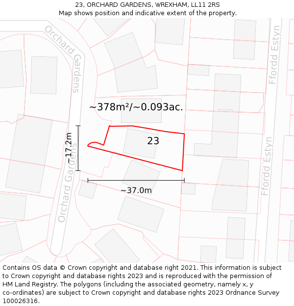 23, ORCHARD GARDENS, WREXHAM, LL11 2RS: Plot and title map