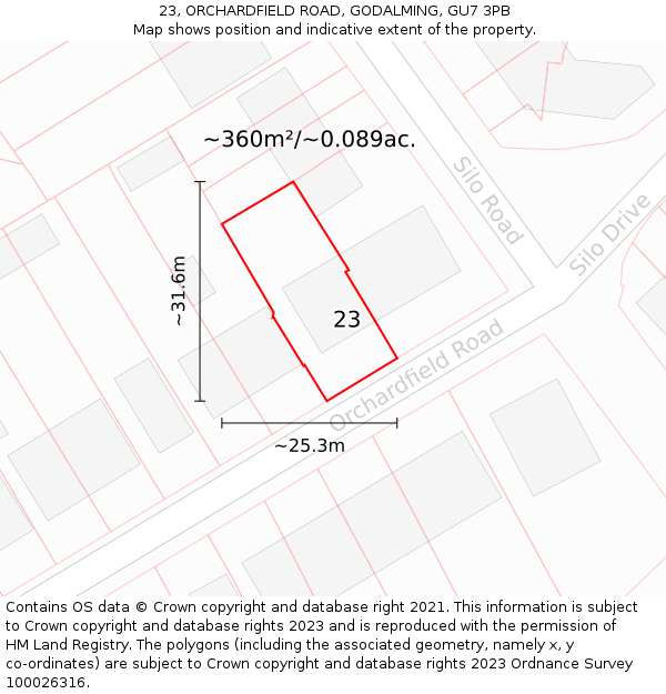 23, ORCHARDFIELD ROAD, GODALMING, GU7 3PB: Plot and title map