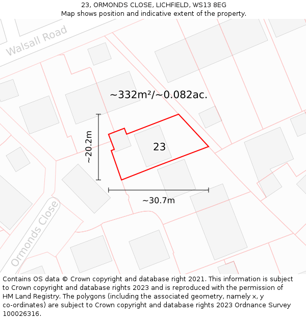 23, ORMONDS CLOSE, LICHFIELD, WS13 8EG: Plot and title map