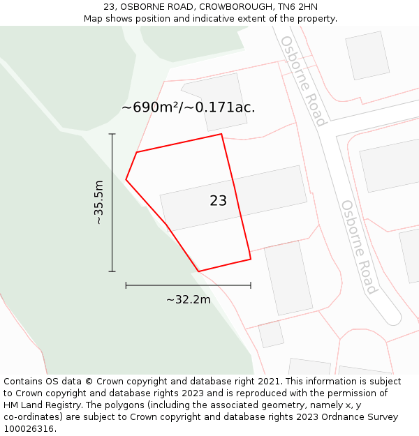 23, OSBORNE ROAD, CROWBOROUGH, TN6 2HN: Plot and title map