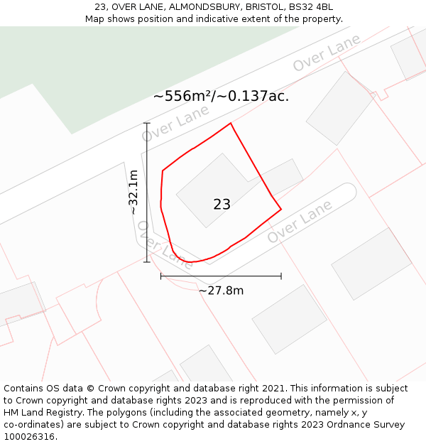 23, OVER LANE, ALMONDSBURY, BRISTOL, BS32 4BL: Plot and title map