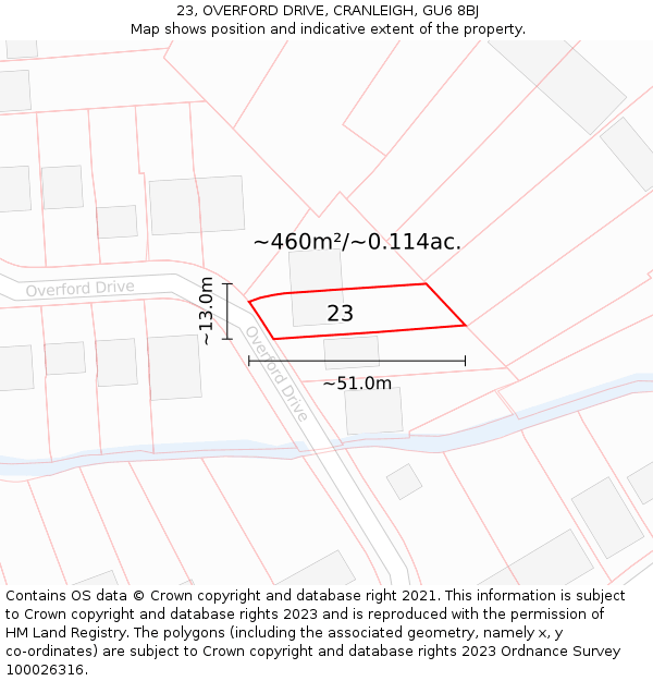 23, OVERFORD DRIVE, CRANLEIGH, GU6 8BJ: Plot and title map