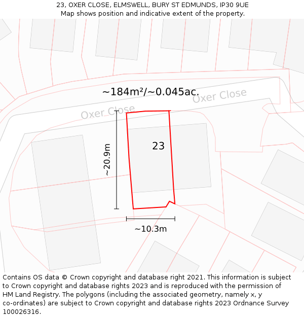 23, OXER CLOSE, ELMSWELL, BURY ST EDMUNDS, IP30 9UE: Plot and title map