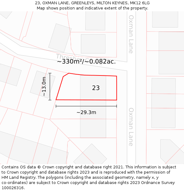 23, OXMAN LANE, GREENLEYS, MILTON KEYNES, MK12 6LG: Plot and title map