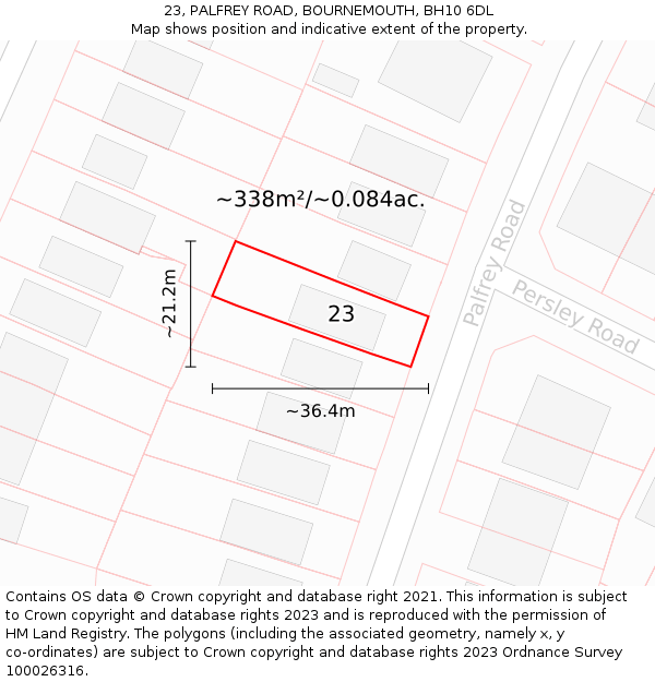 23, PALFREY ROAD, BOURNEMOUTH, BH10 6DL: Plot and title map