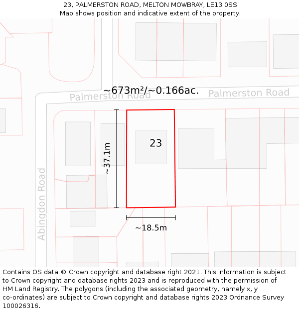 23, PALMERSTON ROAD, MELTON MOWBRAY, LE13 0SS: Plot and title map